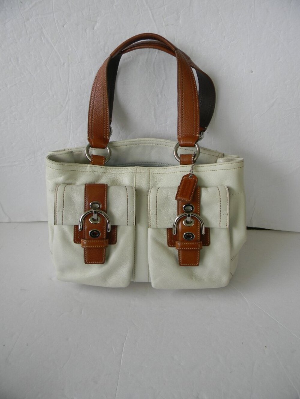 COACH Soho White&Tan Leather Buckle DOUBLE POCKET Bag F08A09 Y2K